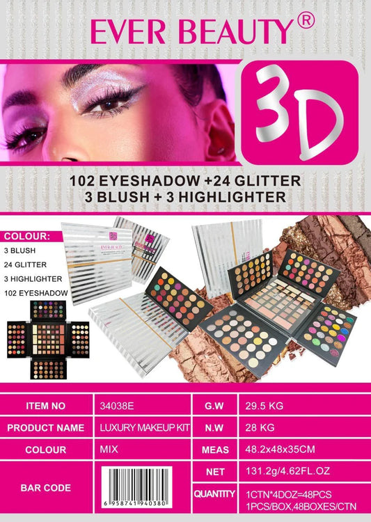 Ever Beauty 102 Eyeshadow +24Glitter + 3Blush + 3Highlighter  ايفر بيوتي 102 اي شادو + 24 جليتار+ 3بلاشر + 3 هاي لايت