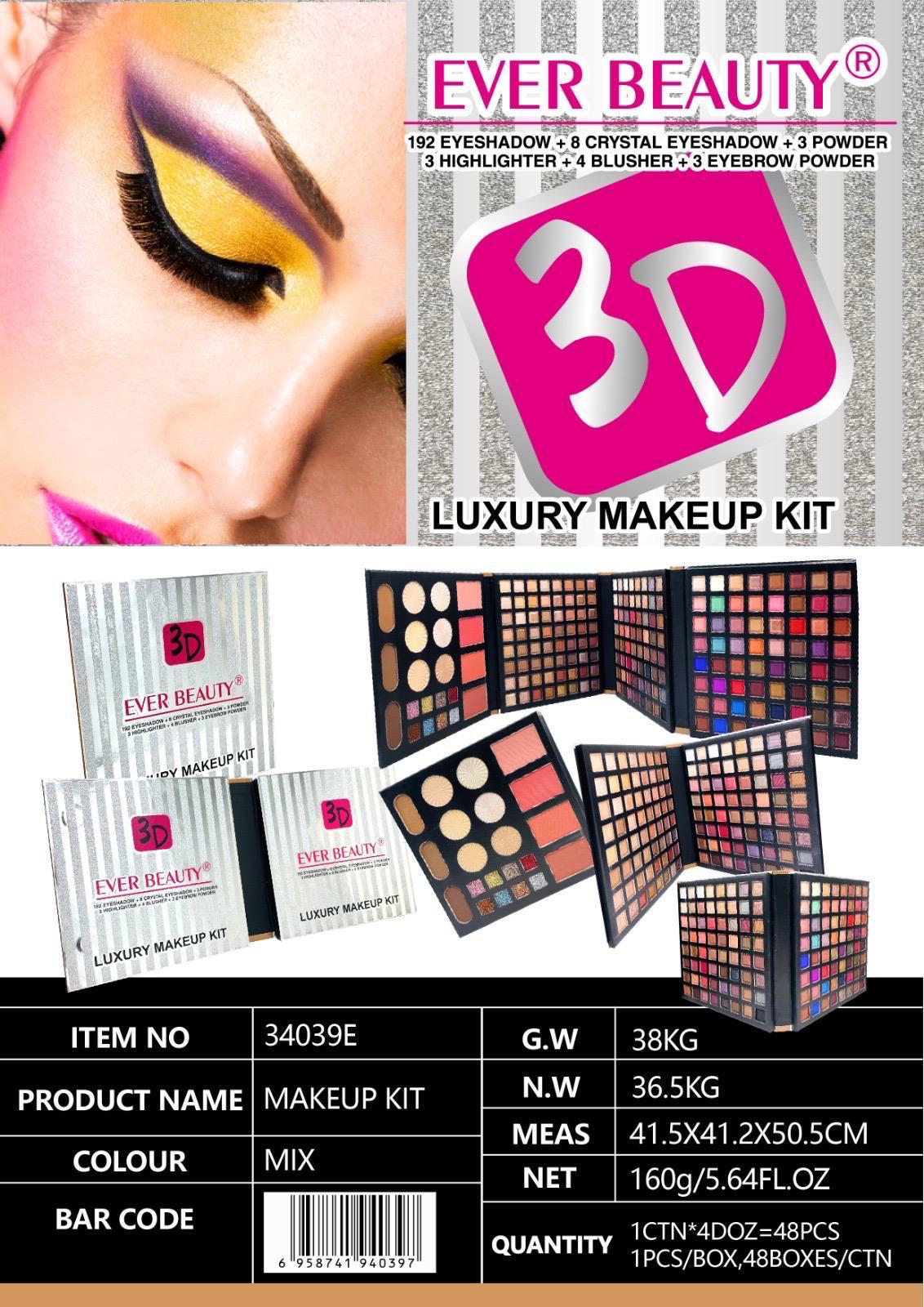 Ever Beauty Makeup Kit 192 Eyeshadow +8Crystal Eyeshadow +3Powder + 4Blush + 3Highlighter +3EyeBrow Powder ايفر بيوتي 192 اي شادو + 4بلاشر + 3 هاي لايت+3بودرة حواجب+ اي شادو كريستال