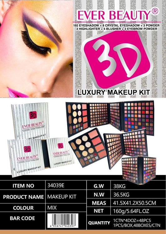 Ever Beauty Makeup Kit 192 Eyeshadow +8Crystal Eyeshadow +3Powder + 4Blush + 3Highlighter +3EyeBrow Powder ايفر بيوتي 192 اي شادو + 4بلاشر + 3 هاي لايت+3بودرة حواجب+ اي شادو كريستال